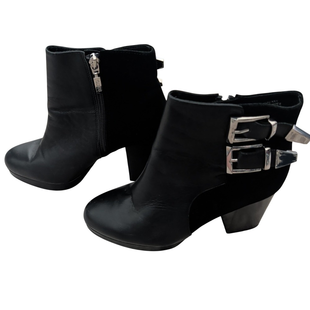 Guess Chrissy Black Leather & Suede Platform Ankle Boots Buckle Heel Sz 7